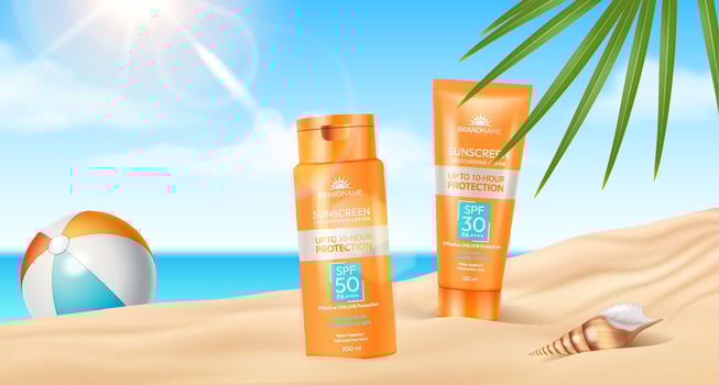Illustration of sunscreen bottles on sunny beach with vibrant colors. Perfect for promoting skincare and sun protection. Bright, summery setting with tropical elements. vector