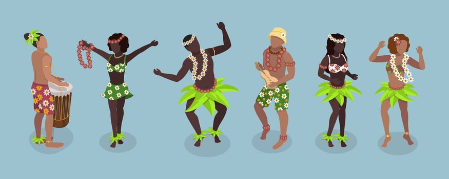 3D Isometric Flat Set of Hawaiian Dancers, Characters in Polynesian Costume vector