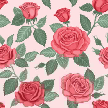 Pattern of pink roses and green leaves vector