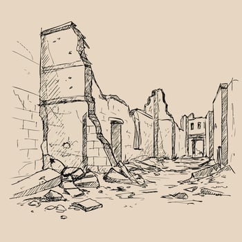 Ruined buildings sketch drawing of abandoned urban street with collapsed walls and scattered debris illustration vector
