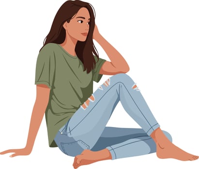 Young woman sitting casually on floor wearing green t-shirt and ripped blue jeans in relaxed pose illustration vector