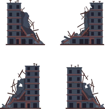Damaged dark grey building with rubble and broken structure illustration showing four different views of ruined urban architecture vector