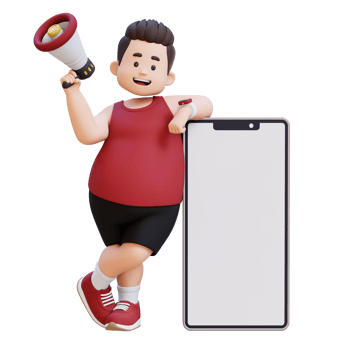 3D plus size overweight man with megaphone and smartphone png
