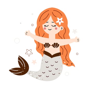 Cute mermaid girl. Underwater and ocean world. Flat illustration vector