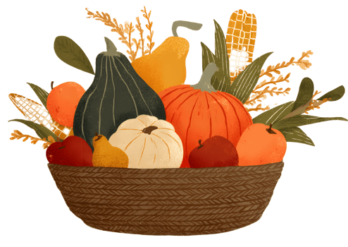 Overflowing basket featuring pumpkins, gourds, apples, and corn on the cob, representing the essence of autumn. png