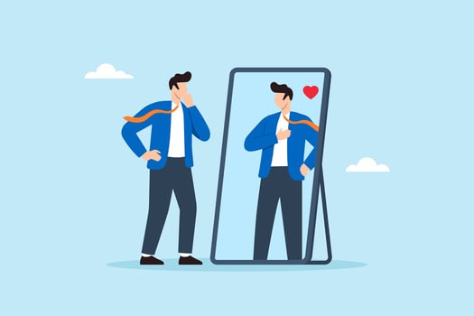 Flat illustration of confident businessman looking at mirror with admiration symbolizing self-love self-esteem and positive thinking vector