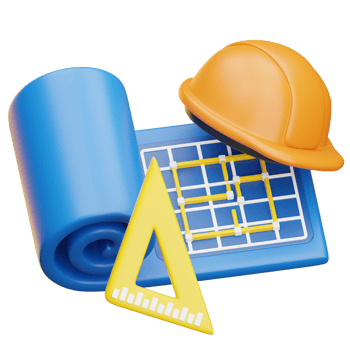 Construction tools including blueprint, set square, rolled-up plan and helmet png