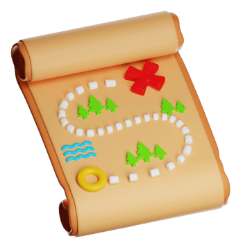 3d treasure map showing path through forest and water to destination png