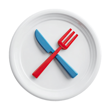 White plate with crossed red and blue utensils png