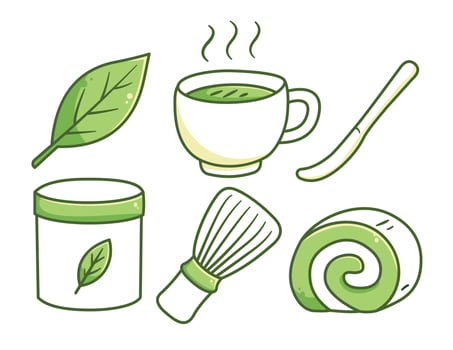 Cute and clean green tea doodle icon set featuring matcha elements like tea cup, leaf, whisk, powder jar, and dessert. Perfect for healthy drink, Japanese culture, and food design content. vector