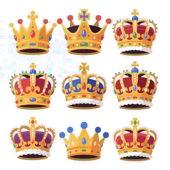 Collection of Nine Cartoon Royal Crowns with Jewels and Varying Designs. vector