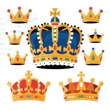 Collection of Ornate Golden Crowns with Jewels and Crosses Royalty Symbols. vector