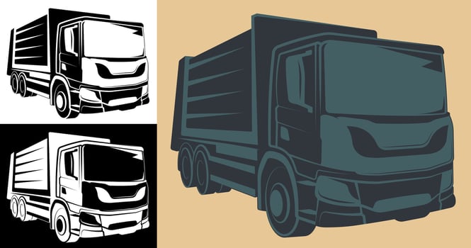 Heavy construction equipment truck, garbage truck in monochrome. Industrial machinery and equipment. Isolated vector