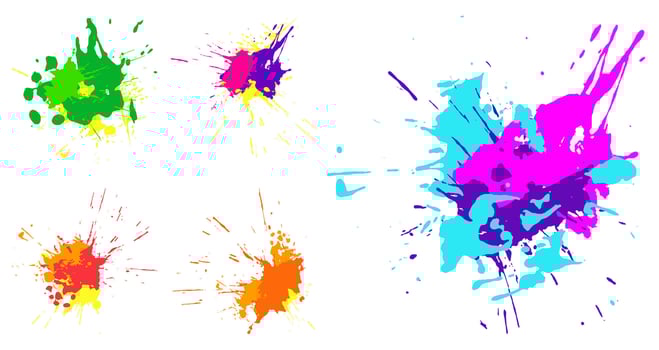 Droped colored blots and dots of paint splatter. Set of paint drops, brush strokes for decoration. Isolated on white background vector