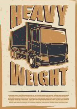 Old shabby poster in grunge style with heavy truck. Magazine cover, trucking brochure. Industrial machinery and equipment vector