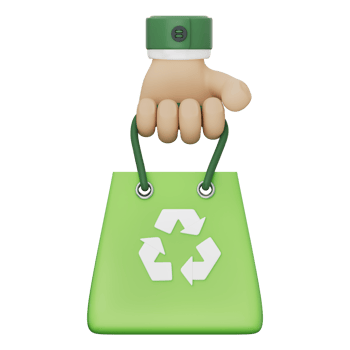 Green shopping bag with white recycle symbol held by hand in green sleeve with black buttons. Represents recycling, sustainability, and eco shopping. Transparent background, 3d illustration. png