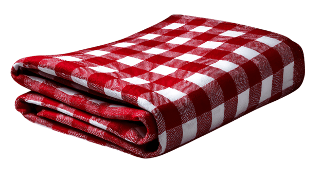 Folded red and white gingham picnic tablecloth on transparent background png