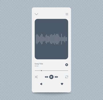 Music player frame mockup interface. player design template for web or mobile app. White theme. Display with button play like next skip song name, wave vector