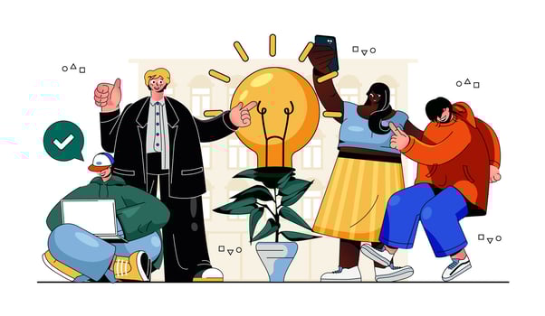 Big idea concept for modern web design. People brainstorming, working at business together, creating success strategy, generating new solutions. Flat illustration isolated on white background. vector