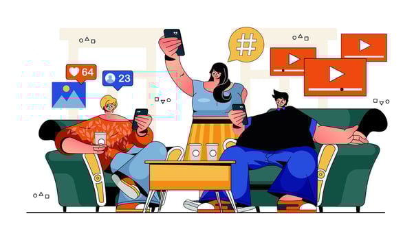 Friends using smartphones in a living room vector
