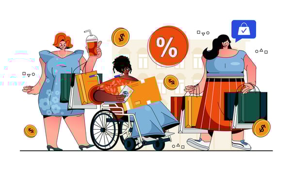 Shopping concept for modern web design. Happy women hold bags with purchases, diverse people buying at store, shop or mall with discount sale. Flat illustration isolated on white background. vector