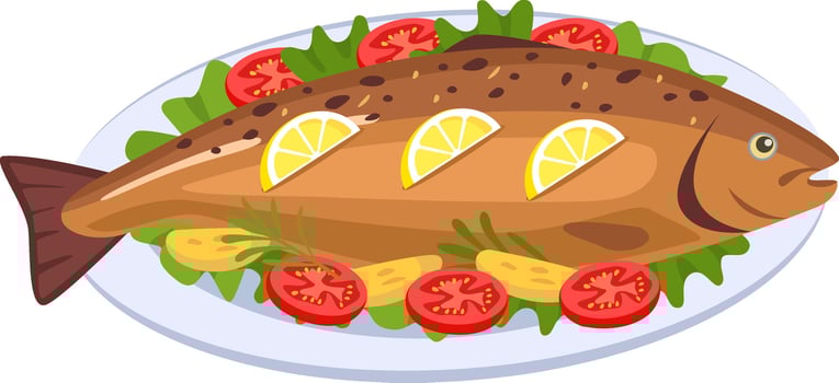 Grilled fish is served on white plate decorated with lemon slices. Potato wedges. Tomato slices. Rosemary sprigs and lettuce leaves. Creating a visually appealing and delicious culinary presentation vector
