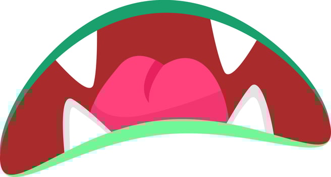 Cartoon illustration featuring a fearsome green monster with its mouth wide open, displaying sharp white teeth and a bright pink tongue, letting out an intimidating roar against a white background vector