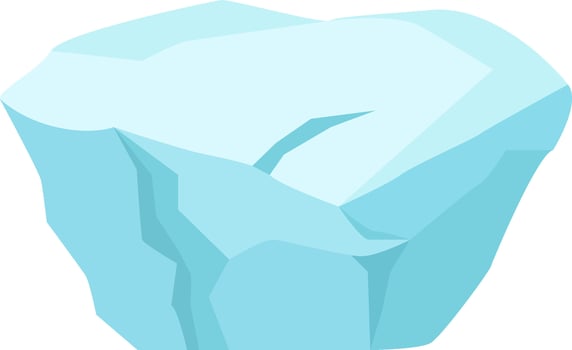 Large iceberg floating in arctic waters, featuring a prominent crack on its surface, symbolizes the pressing issues of global warming and climate change in a low poly illustration style vector