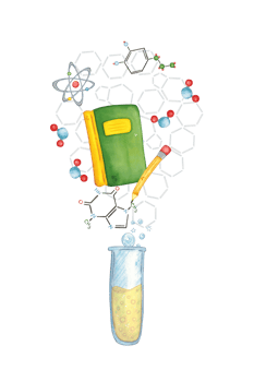 Blank for a postcard - a test tube and a book, chemical formulas fly out of it. Watercolor illustration drawn by hand, cartoon. Drawing for a sticker, poster. science, school, laboratory, biology png
