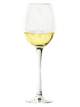Small dessert wine glass, delicate stem, floating bubbles, crystal clear, commercial photo png