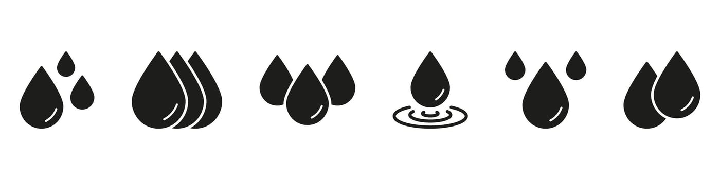 Water Droplets Solid Icon Set. Hydration, Purity, And Fluid Dynamics Silhouette Symbol Collection. Water Conservation And Environmental Awareness. Isolated Illustration vector
