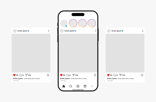 Social media post feed smartphone mockup template. Social network app layout on mobile phone illustration vector