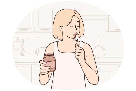 Happy woman stands in kitchen with jar of chocolate paste or peanut butter and licks spoon vector