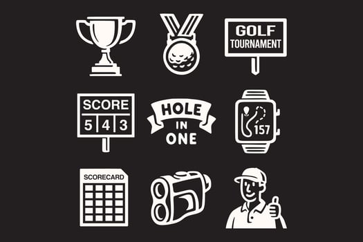 golf sport icon set in retro style. tournament and scoring golf elements. golf competition symbols including trophy, medal, scoreboard, sign, hole-in-one banner, scorecard, smart watch and golf player vector