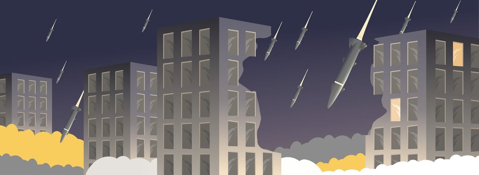 Rocket missile destroyed city. Illustration of modern war. Chaos due to ballistic missiles hitting town. World war illustration vector