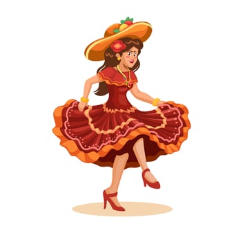 Girl Wear Mexican Traditional Dress Dancing Character Cartoon Illustration vector