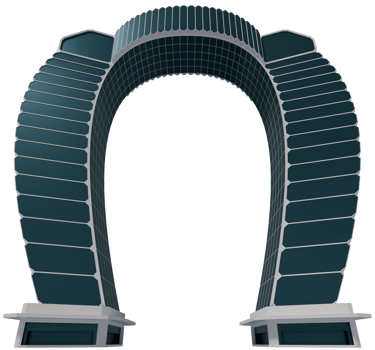 A large blue and white horseshoe shaped building png
