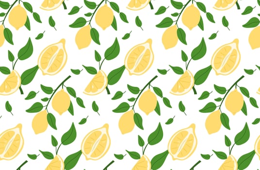 Seamless pattern with lemons and leaves on a branch. Summer pattern. illustration. vector