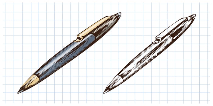 Hand drawn vintage sketch of ballpoint pen with gold clip in color and monochrome on grid notebook background vector