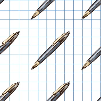 Hand drawn vintage seamless pattern of ballpoint pens in blue color on grid notebook background, illustration vector