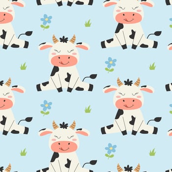 Seamless pattern with cute cow and flowers. Pattern for fabric, wrapping, textile, wallpaper, clothing. illustration. vector