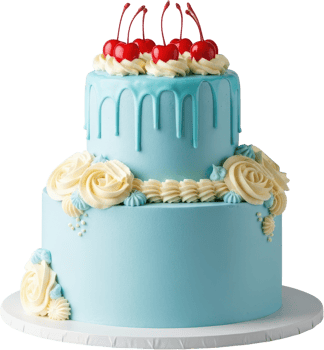 Elegant two tier light blue cake with red cherries and cream floral decorations png