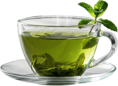 Invigorating steaming vibrant green tea in a clear glass teacup with fresh mint png
