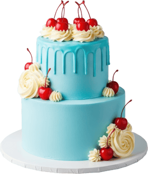 Elegant two tier light blue cake with drip icing, cream swirls and red cherries png