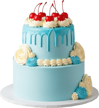 Two tiered light blue cake with white frosting and red cherries on top png