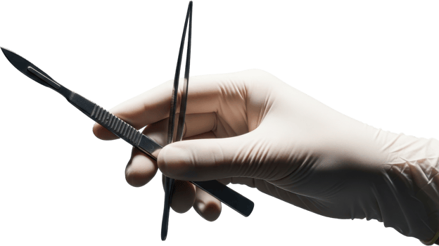 Surgeon gloved hand holding sharp scalpel and fine forceps for medical precision png
