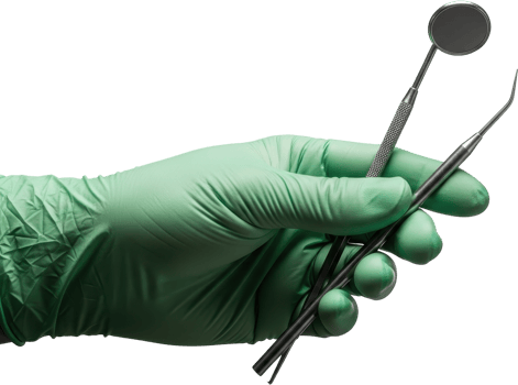 Dentist hand in green glove with dental mirror and explorer tool png