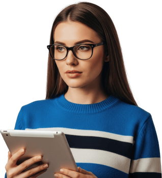 Thoughtful young woman with long brown hair wearing stylish glasses holding a modern digital tablet png
