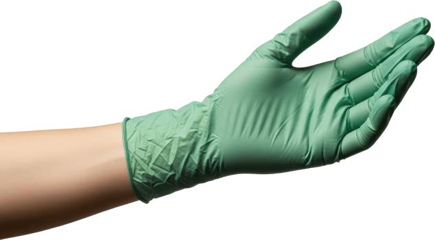Human hand wearing a green disposable medical glove, ready for examination or procedure png