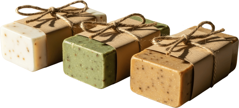 Assortment of three natural handmade soap bars wrapped in kraft paper and twine png